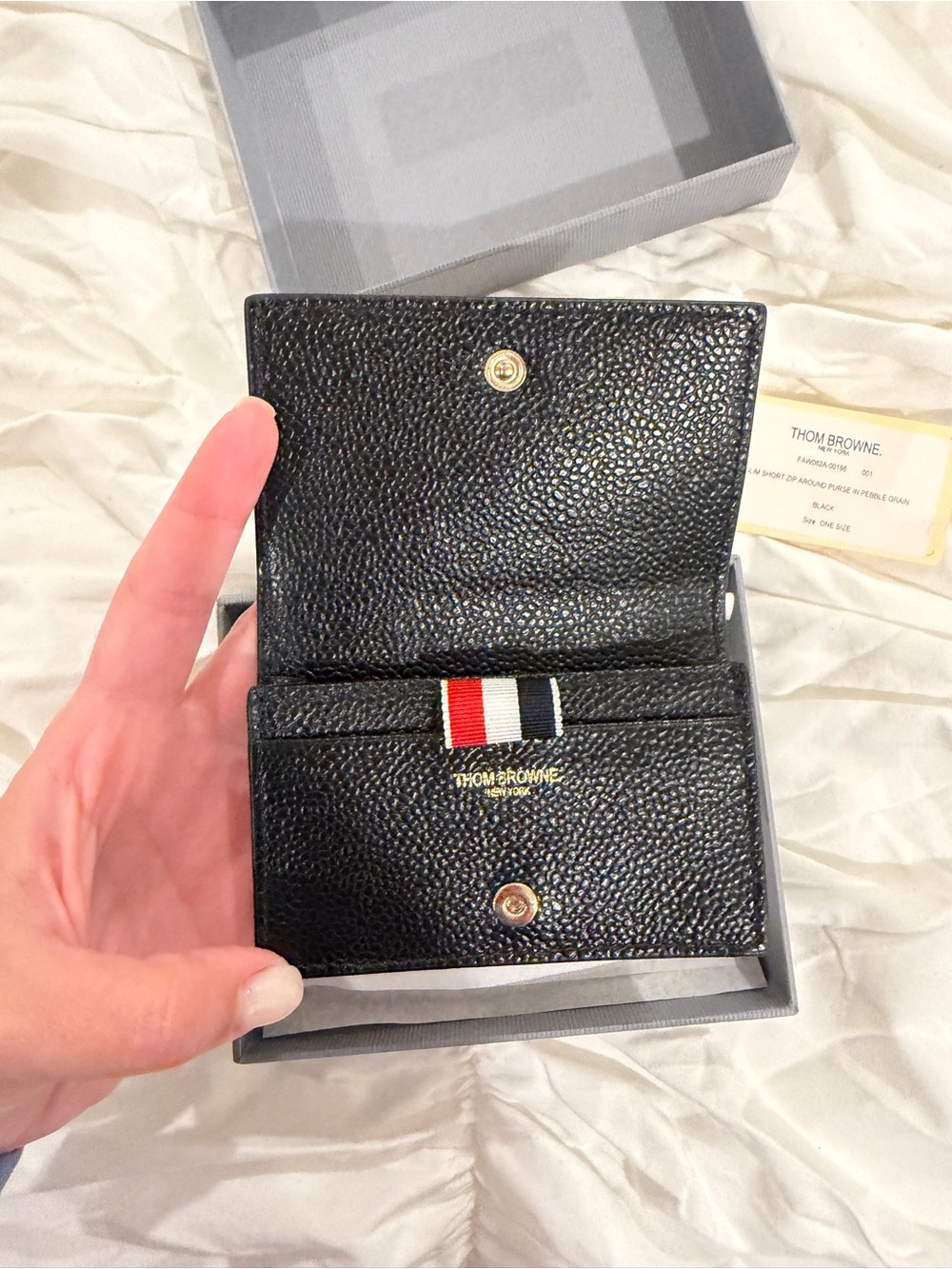 Thom Browne Black Pebbled Leather Card Holder / Wallet with Tricolor Stripe